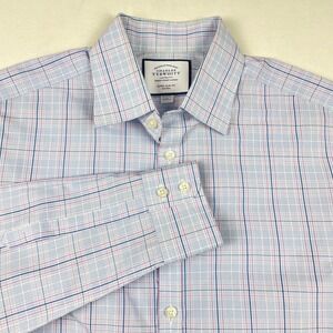Charles Tyrwhitt Extra Slim Fit Dress Shirt 15.5 35 Non-Iron Blue Pink Check Men